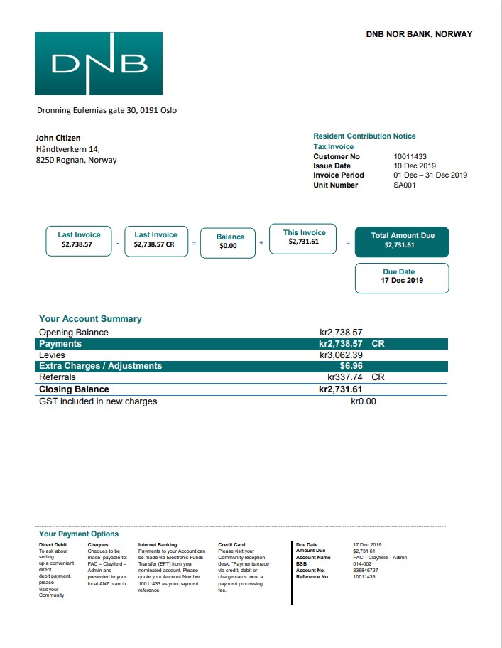 Norway DNB utility bill template in Word and PDF format